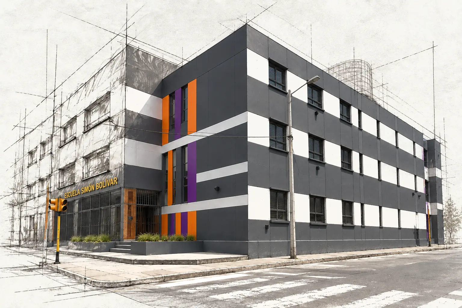 Escuela de tres pisos con fachada gris, blanca, naranja y violeta, mitad foto y mitad dibujo técnico
